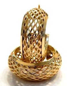 Israel Solid 14K Yellow Gold Basketweave Netting Wide Hoop Earrings 19x19x7mm - Picture 1 of 7