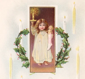 E Nash Christmas Postcard Girl Holding Doll and Candlestick Berry Wreath 1910s - Picture 1 of 5