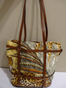 Salvatore Ferragamo Quilt Fabric Print Leather Strap Bucket Tote Handbag - Picture 1 of 11