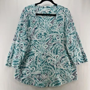 Chico's Blouse Women 2(L) V-neck Pullover Long Sleeve Stretch Paisley Teal White - Picture 1 of 11