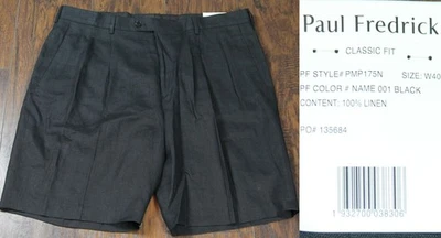 NWT New PAUL FREDRICK Jet Black Pure 100% Linen Pleated Classic Fit Shorts 40 - Image 1 of 4