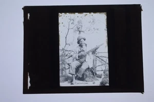 Young Black Man Playing Fake Wood & String Banjo - Glass Magic Lantern Slide - Picture 1 of 1