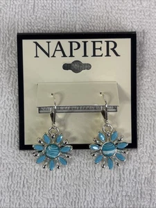 Napier Silver Tone Turquoise Enameled Flower Drop Earrings For Women NWT - Picture 1 of 5