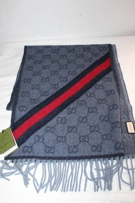 NUEVO CON ETIQUETAS GUCCI Nuevo Nikky Lana GG Monograma Tela Tira Bufanda Borla Azul Unisex 37 x 190 Foto 1 de 4