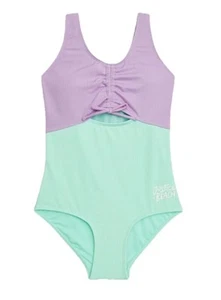 Justice Girls Swimsuit Purple 16/18 One Piece Cinched Bodice Cutout Lined Logo - Picture 1 of 12