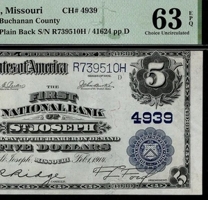 1902 $5 The First National Bank of St. Joseph Missouri Ch#4939 PMG 63EPQ Fr.605 - Picture 1 of 4