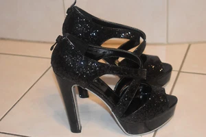 Belle Women Plateau Sandaletten High Heels schwarz Glitzer Sohle silber Gr. 38 - Bild 1 von 6