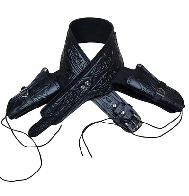 Black Leather Double Gun Holster Belt Adjustable Cowboy Western with Silver Buck - Image 1 of 4