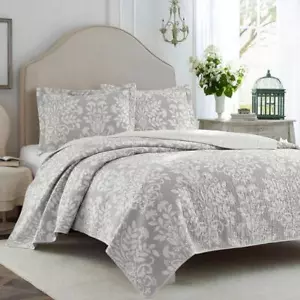 Laura Ashley Quilt Set 96" x 104" King Soft Cotton Polyester Dove Gray 3-Piece - Picture 1 of 5