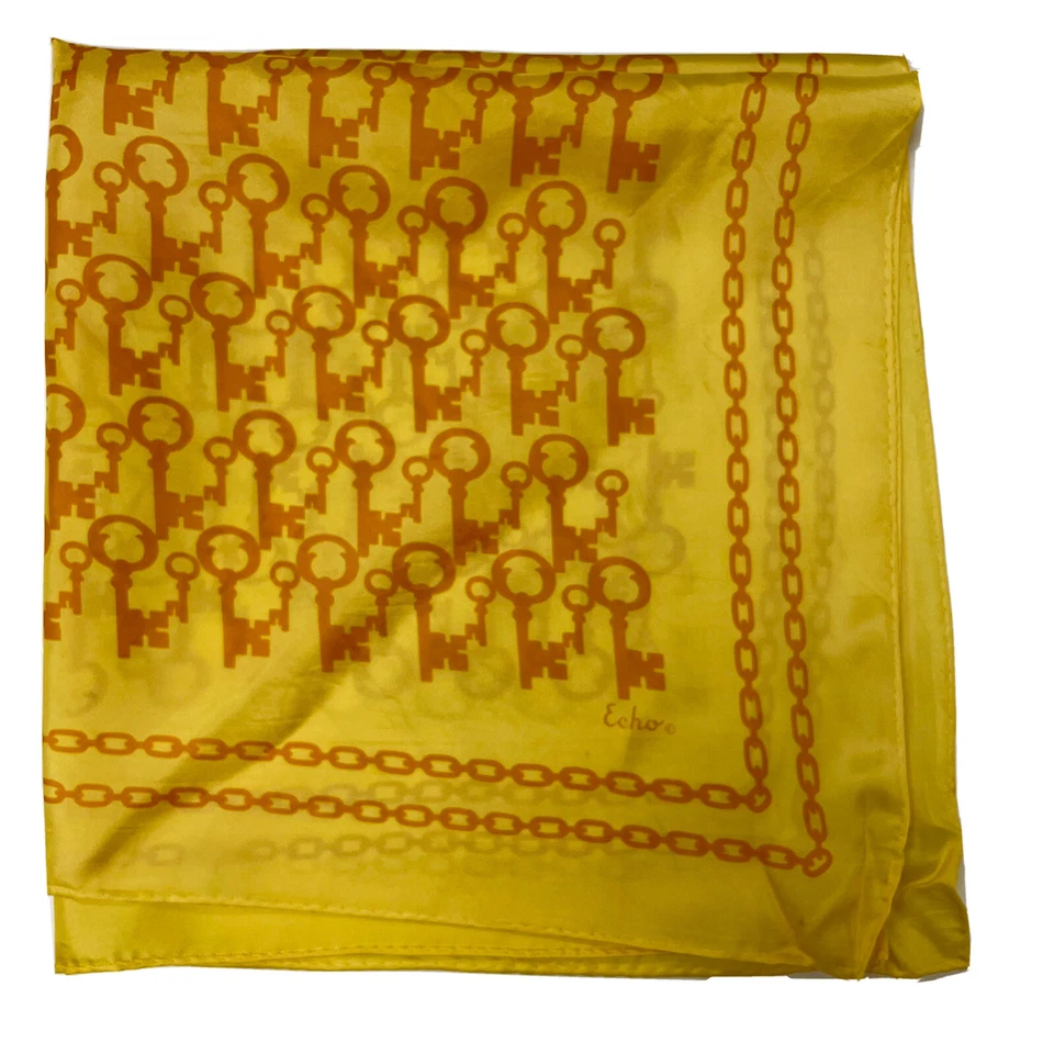 Vtg 1960 70's Echo MoD Retro Chic Chinon Silk Yellow Golden SKELETON KEY Scarf  - Image 1 of 4