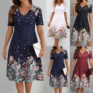 Damen Kurzarm A-Linie-Kleid Blumen Sommerkleid Partykleid V-Neck Midikleid Reise - Bild 1 von 18