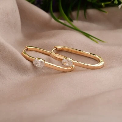 0.84 Ct Lab Grown CVD Oval Solitaire Diamond Hoop Earrings 18k Yellow Solid Gold - Image 1 of 4