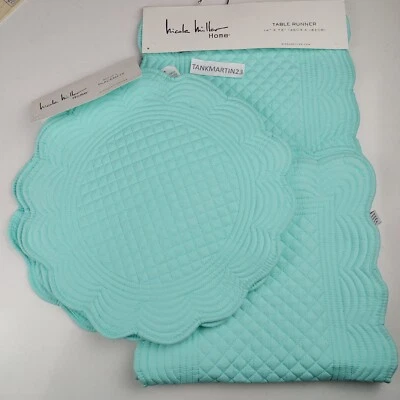 Nicole Miller Quilted 15" Round Placemats & Table Runner Aqua Blue 14" x 72" - Image 1 of 4