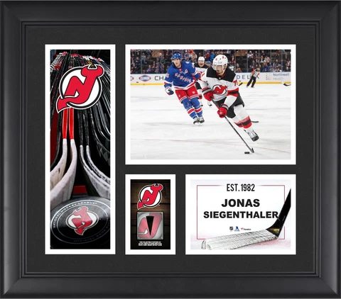 Jonas Siegenthaler Devils FRMD 15" x 17" Player Collage with a Piece of GU Puck Cover