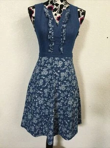 ModCloth Wow on a Whim A Line Sleeveless Denim Chambray Floral Print Dress SzXS - Picture 1 of 18