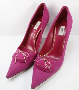Prada Women’s Fuchsia Suede Kitten Heels Sz 35 Italy Tie Point Closed Toe Pumps - Picture 1 of 8