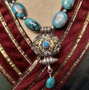 925 Sterling Silver Tibetan Gau Ghau prayer box With Tibetan Turquoise Necklace. - Picture 1 of 10