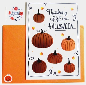 NOS Hallmark HALLOWEEN Card, Env. & Seal - Copper Foil Pumpkins & Candy Corn - Picture 1 of 8
