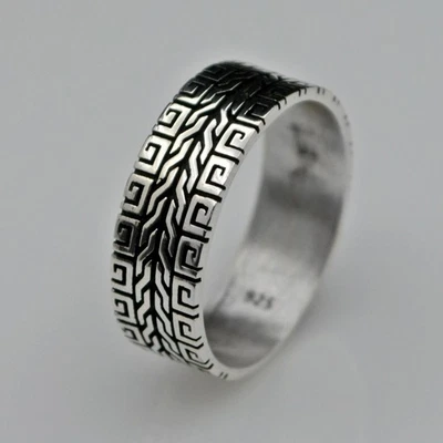 Men’s 925 Sterling Silver Greek Key Wedding Band, Handmade Jewelry Ring - Image 1 of 4