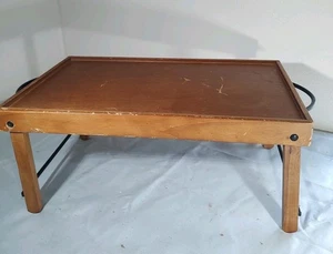 Vintage Service Tray Wood Breakfast Tray Folding Legs Metal Handles - Picture 1 of 13