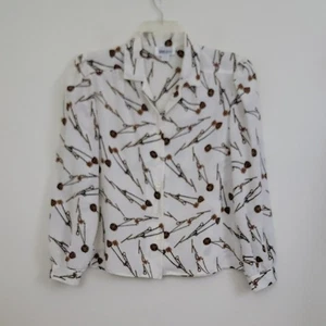 Vintage Leslie Fay weiße Bluse mit brauner Halskette Kettenmuster Bluse 10 Petite - Bild 1 von 15