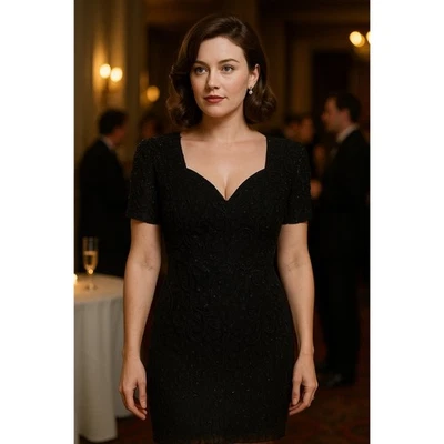 Scala Silk Dress Black Beaded Floral Womens Size S Keyhole Back Glam Vintage - Image 1 of 4