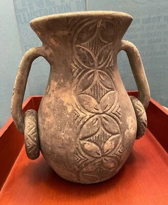 Schönes authentisches rustikales Ton/Keramik Glas/Vase - 8 & 1/2" spanisch hergestellt mit Ringen - Bild 1 von 9