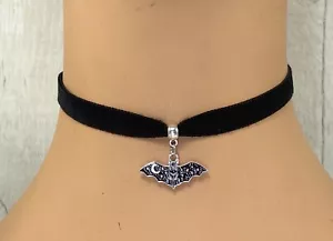 Black Velvet Choker/ Necklace Moon Bat Charm Pendant Goth Alternative Celestial - Picture 1 of 3