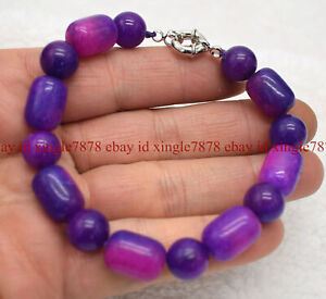 10x14mm Cylindrical & 10mm Round Purple Sugilite Gemstone Beads Bracelet 7.5"
