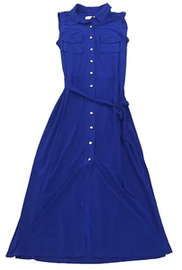 Emma & Michele Womens Shirt Dress Sz M Blue Button-Up Sleeveless Belted Stretch - Picture 1 of 11