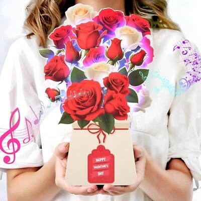 3D Valentine's Day Card, Lights and Music Happy Valentines Day Cards Flower Rose - Image 1 of 4