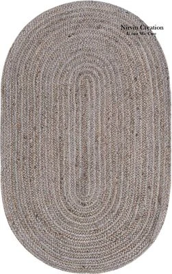 Oval Rug Grey Jute Carpet Mat Farmhouse Natural Handmade Braided Rustic Look - image 1 of 4