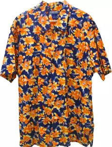 Structure Hawaiian Shirt, S/S, XL, Blue w/Orange & White Flowers - Picture 1 of 6