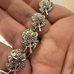 Vintage Sterling Silver Marcasite Rose Link Bracelet w/ Safety Chain 7.75” - Picture 1 of 7