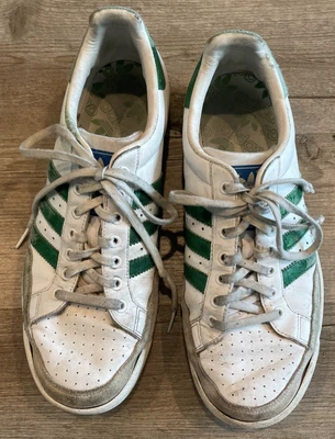 Vintage Adidas White Leather w/Green Stripes Shoes Size 9.5 - Image 1 of 4