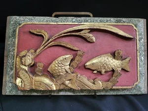 Vintage chinesische Gold vergoldete geschnitzte Holz Fisch Platte 8,5"x5" gestempelt. EXQUISIT!!! - Bild 1 von 10