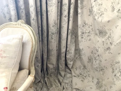 Designer Curtains Linen COTTAGECORE Cabbages Roses EA W105." D113" B/OUT Pair 2 - Image 1 of 4