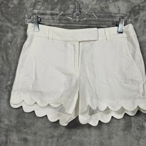 J Crew Shorts Womens 0 White Scalloped Hem Linen Cotton Blend Pockets Summer - Picture 1 of 12