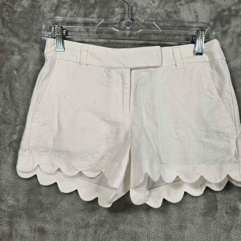 J Crew Shorts Womens 0 White Scalloped Hem Linen Cotton Blend Pockets Summer - Image 1 of 4