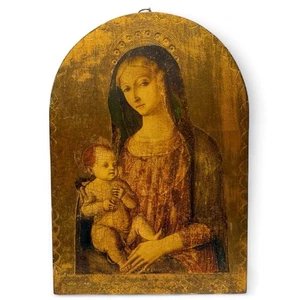 Vintage Madonna & Child Print on Gilt Wood Hanging Tablet Wall Plaque Italy - Picture 1 of 13