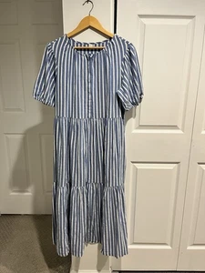 Antiguo Maxi Vestido Azul Marino Blanco Rayas en Niveles Manga Corta Mezcla de Algodón Prarie  - Imagen 1 de 9