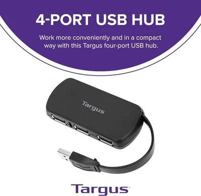 Targus 4-Port USB 2.0 Hub, Black - Compatible with PC and Mac, Sleek and Travel  - Image 1 of 4