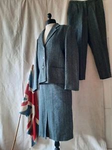 VINTAGE 60S Mod DARK GREY SKIRT JACKET SUIT Sz 12-14 MAD MEN RETRO SLIMMA WOOL - Picture 1 of 10