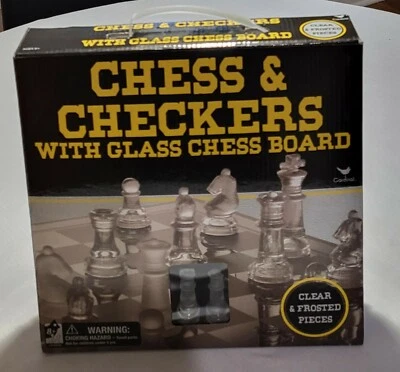 Chess & Checkers Set With 9" Glass Chess  Board Clear, Frosted Pieces NEW in box - Image 1 of 4
