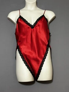 Vintage Lingerie Bodysuit Womens Large Red W/Black Lace Ultra High Cut Retro 80s - Picture 1 of 5