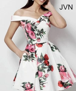 JVN65429 Jovani Sz 00 Homecoming Cocktail Off Shoulder Short White Print Dress - Picture 1 of 10