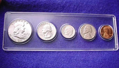 1949 PHILADELPHIA 5 COIN MINT SET GREAT 90% SILVER coins---BU CENT & HALF!  #90 Cover