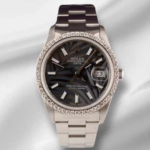 Rolex Date 34mm Ladies 1.5ct Prong Grey Palm Dial Steel Watch 15000 - Picture 1 of 11