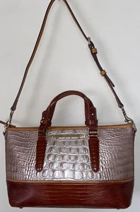 BRAHMIN shimmery Beige leather brown croc trim gold hardware shoulder bag E.U.C - Picture 1 of 8