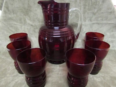 Vintage 1930's Weston Glass W. Virginia Ruby Red Tall Water Pitcher & 6 Tumblers - Image 1 of 4